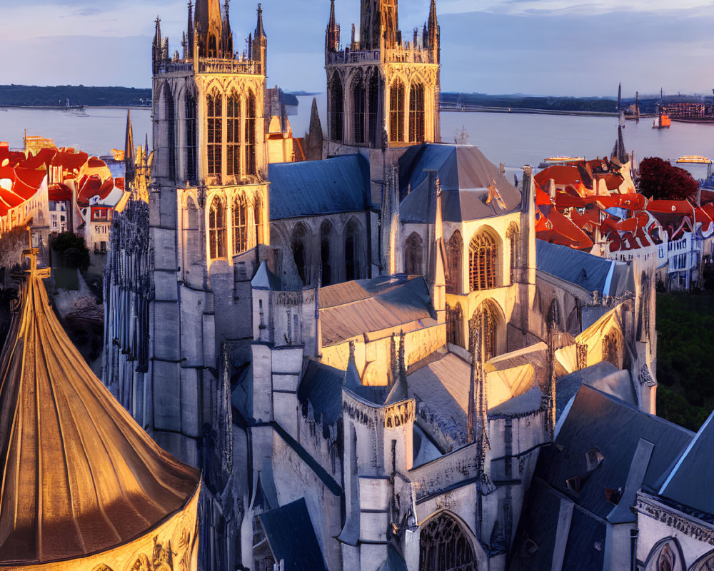 Gothic cathedral with flying buttresses and spires in cityscape at twilight