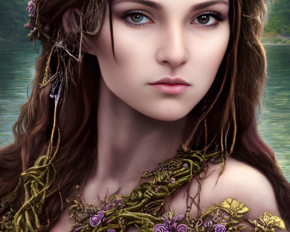 Woman with Floral Crown and Nature Jewelry by Forest Lake