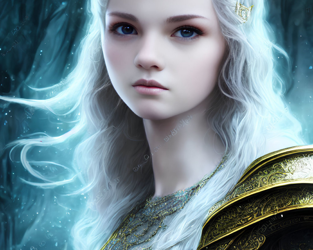 Ethereal woman with pale skin, white hair, and blue eyes in regal attire