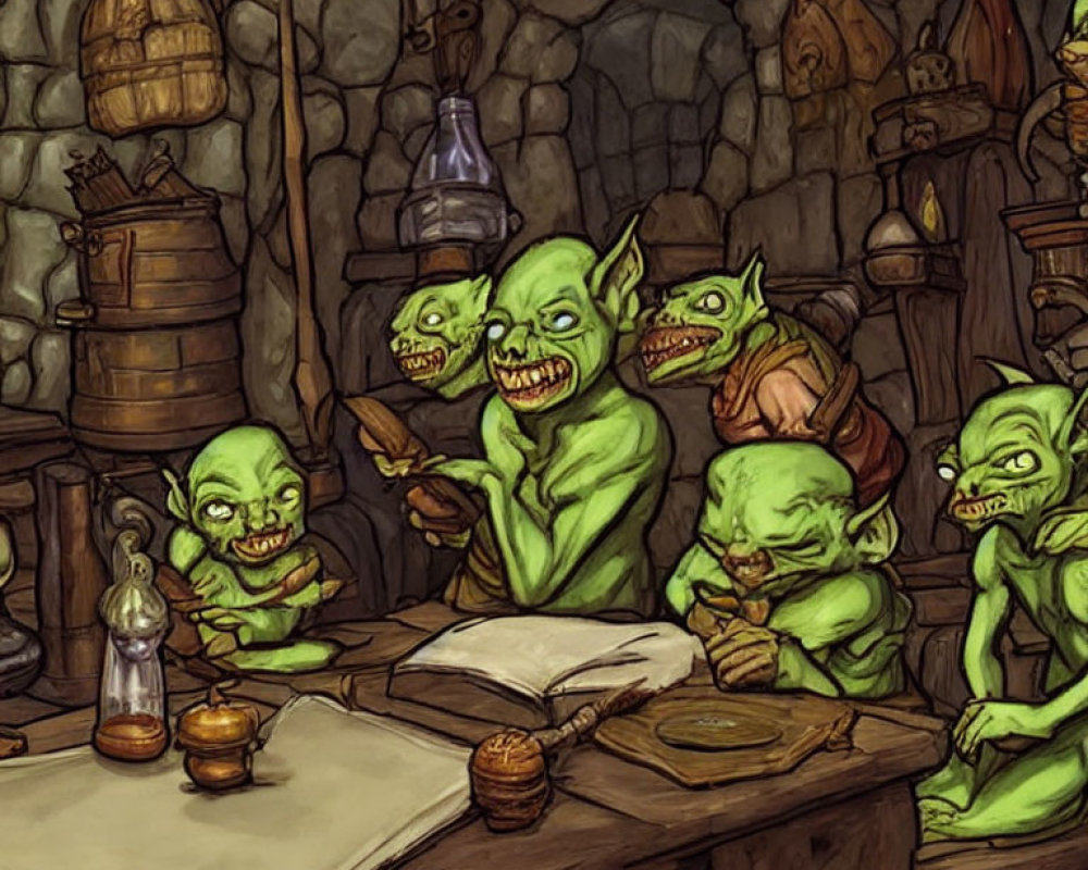 Five mischievous goblins in rustic interior with cluttered shelves and artifacts.