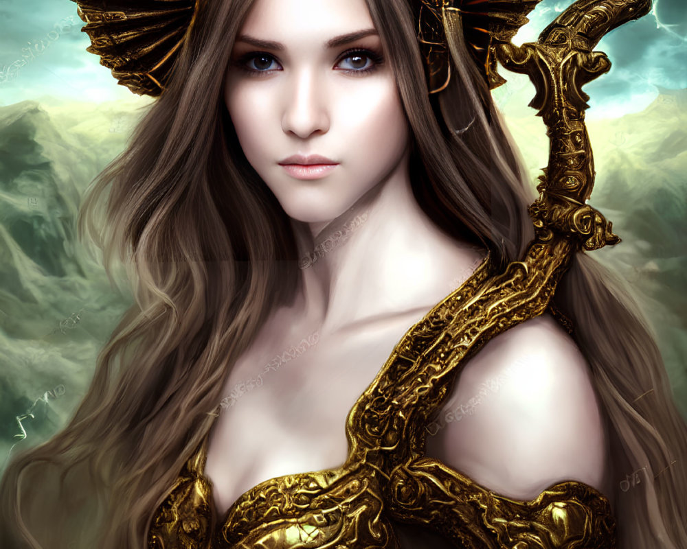 Mystical woman in gold headpiece and armor with long brown hair