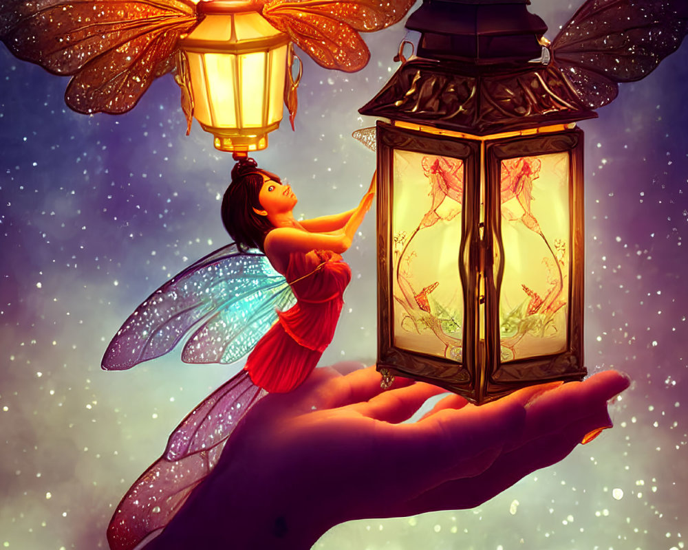 Miniature fairy in red dress opens lantern under starry sky imagery