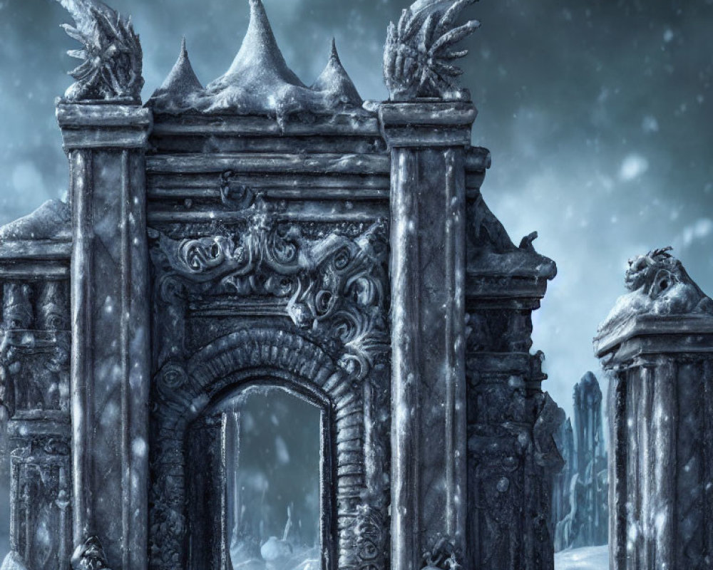 Snow-covered ornate stone gate with bird sculptures under night sky