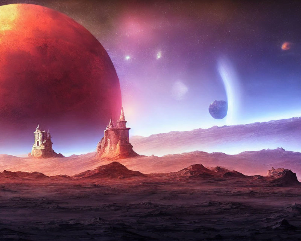 Surreal sci-fi landscape with two castles, red planet, and colorful nebula