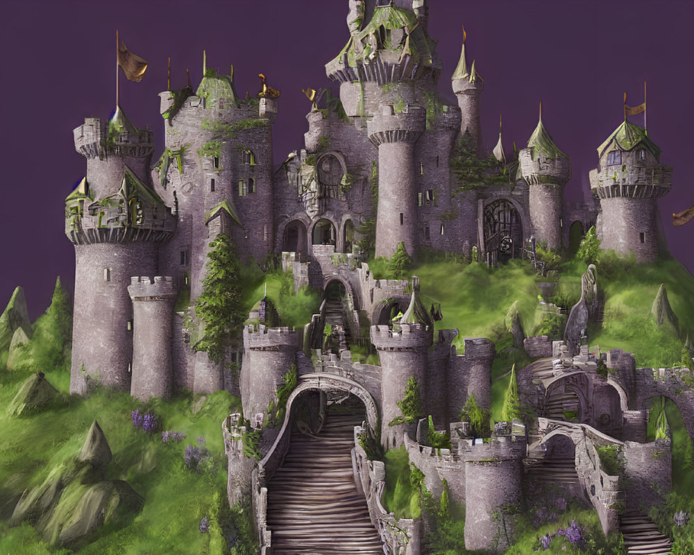 Fantasy castle with spires and towers on lush green hill, purple flora, flying banners, purple