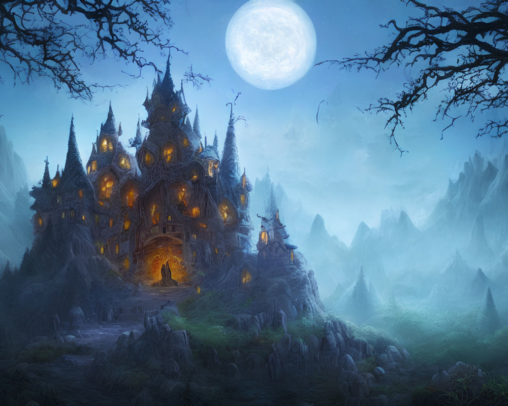 Moonlit Fantasy Landscape with Illuminated Castle and Misty Mountains