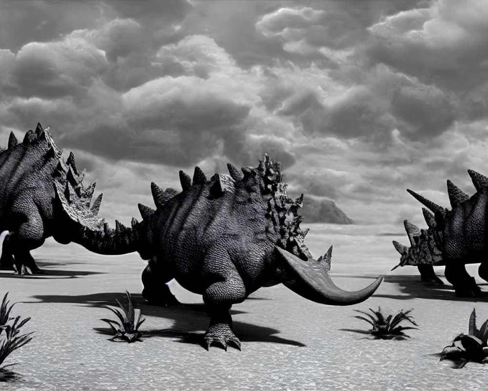 Three spiky dinosaurs in barren landscape with dramatic clouds