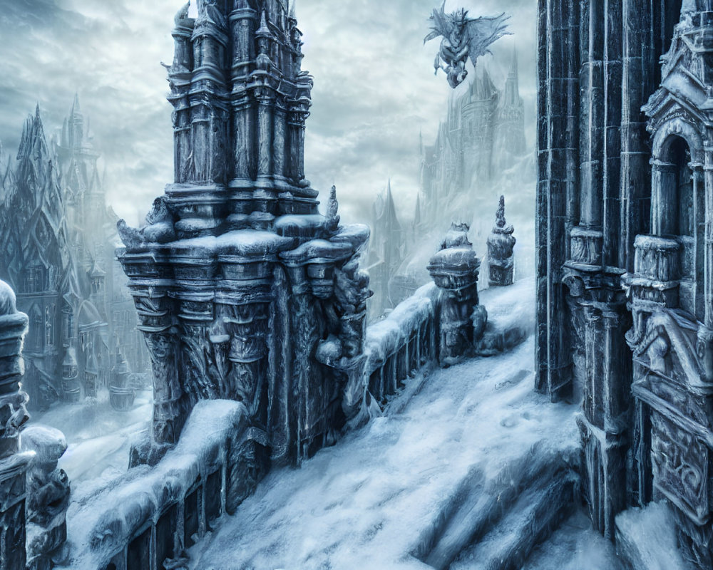 Snowy gothic architecture with dragon flying over frozen city