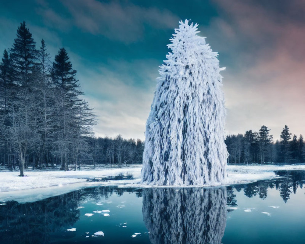 Winter scene: Frost-covered tree by calm lake with forest backdrop