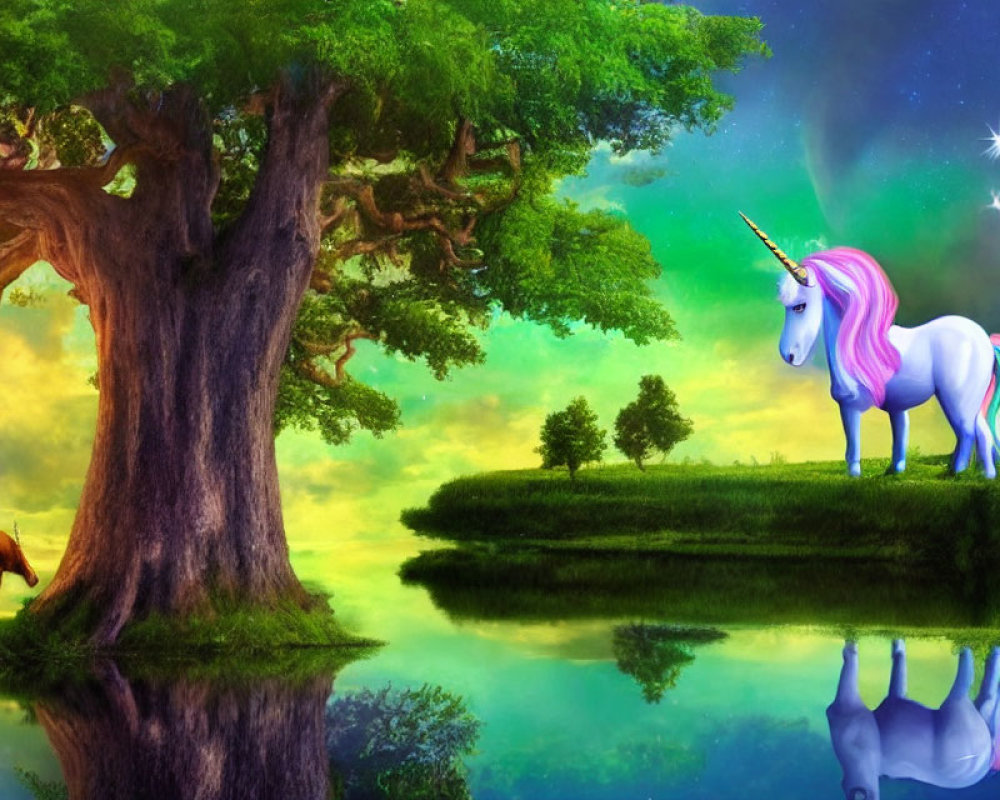 Fantasy landscape with unicorn, lake, trees, horse, and starlit sky