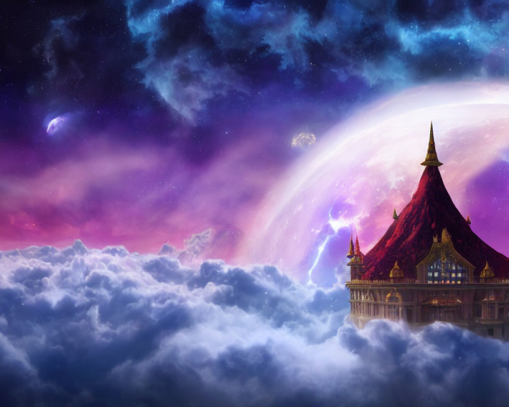 Fantastical palace on clouds with vibrant cosmic backdrop.