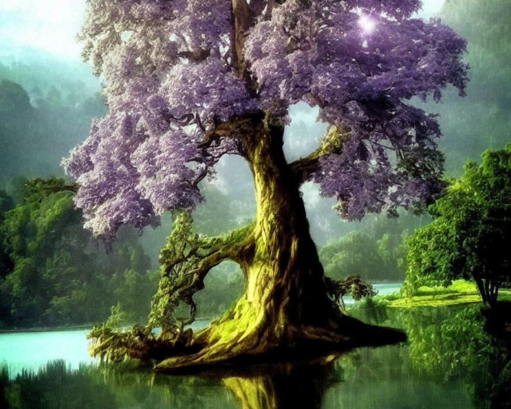 Majestic large tree with purple foliage reflected in serene lake