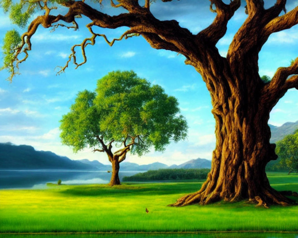 Serene lake landscape with large gnarled tree