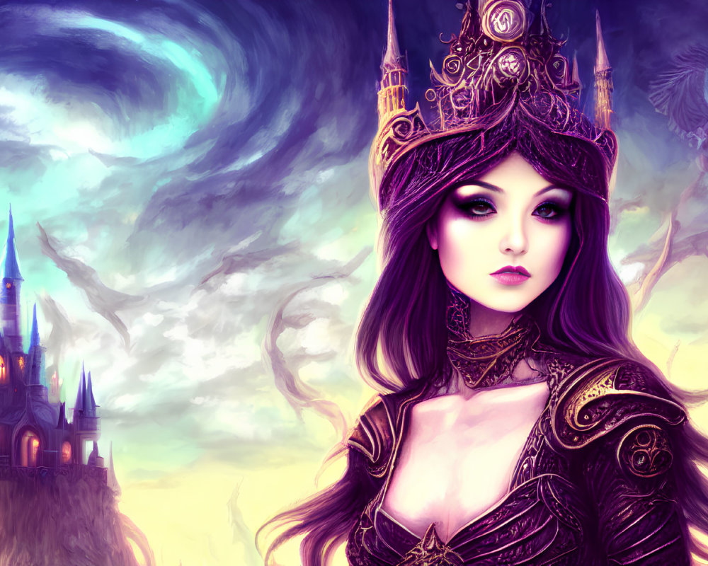 Fantasy painting of regal woman with crown and castle in mystical sky