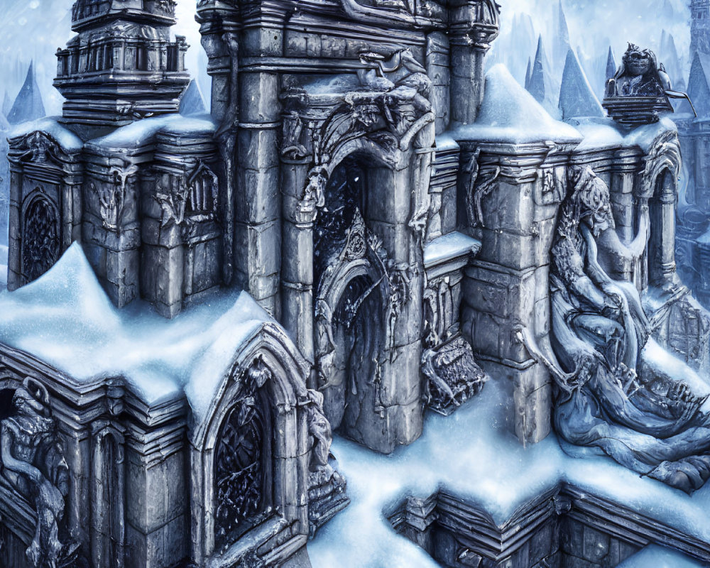 Snow-covered gothic structure with dragon statues in a blizzard