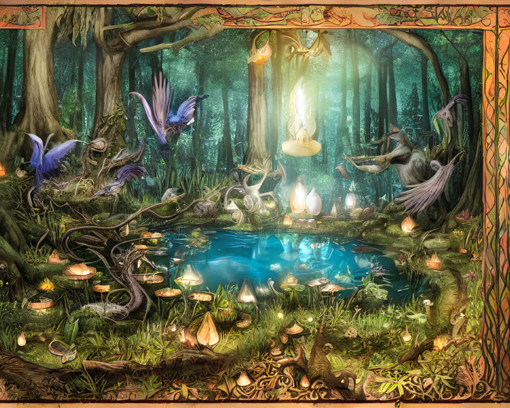 Enchanted forest scene with mythical creatures and glowing pond