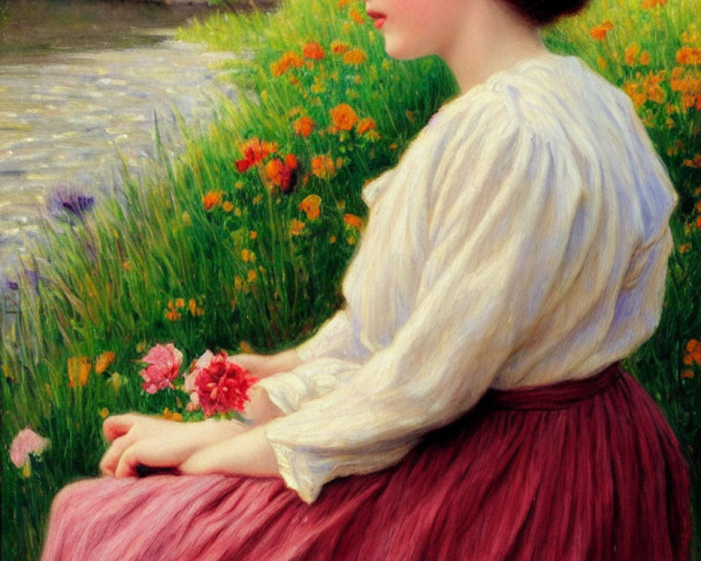 Woman in white blouse and red skirt surrounded by wildflowers holding pink blossoms