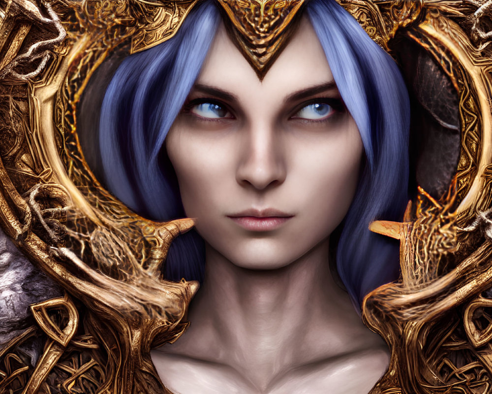 Fantasy character with blue hair and blue eyes in ornate golden frame