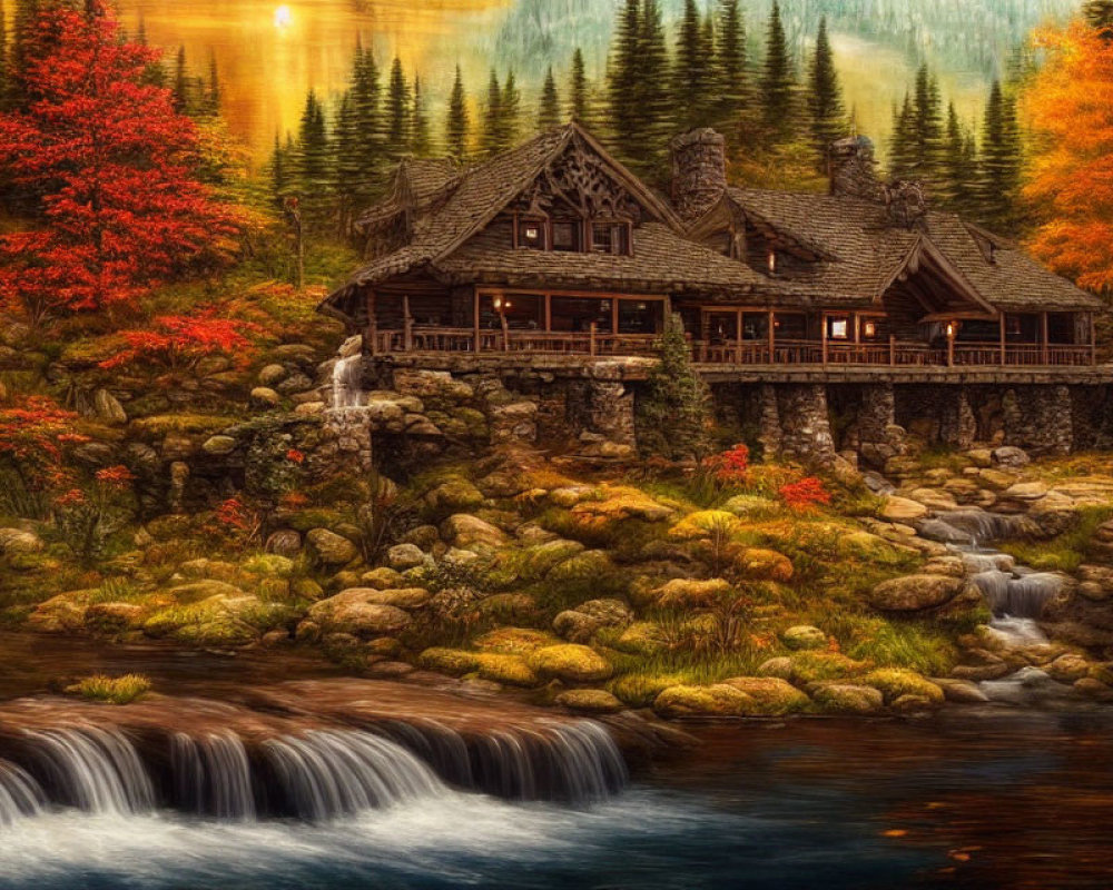 Cozy wooden cabin in autumn forest near stream and waterfall