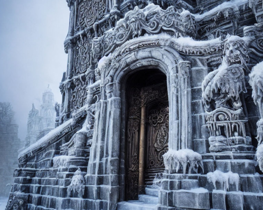 Intricate stone doorway of frost-covered building with snow-draped statues