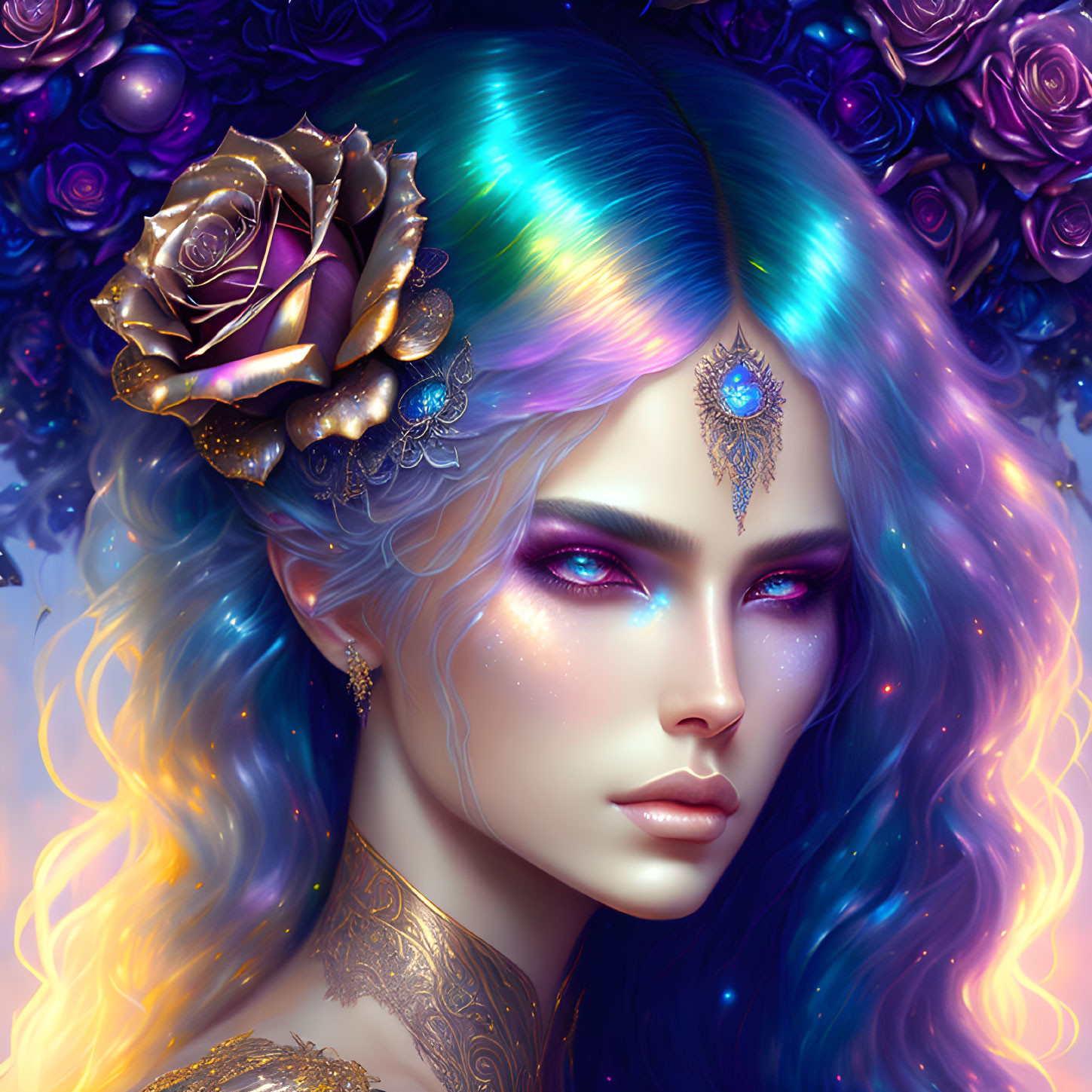 Iridescent-haired woman with rose and ornate jewelry on floral backdrop