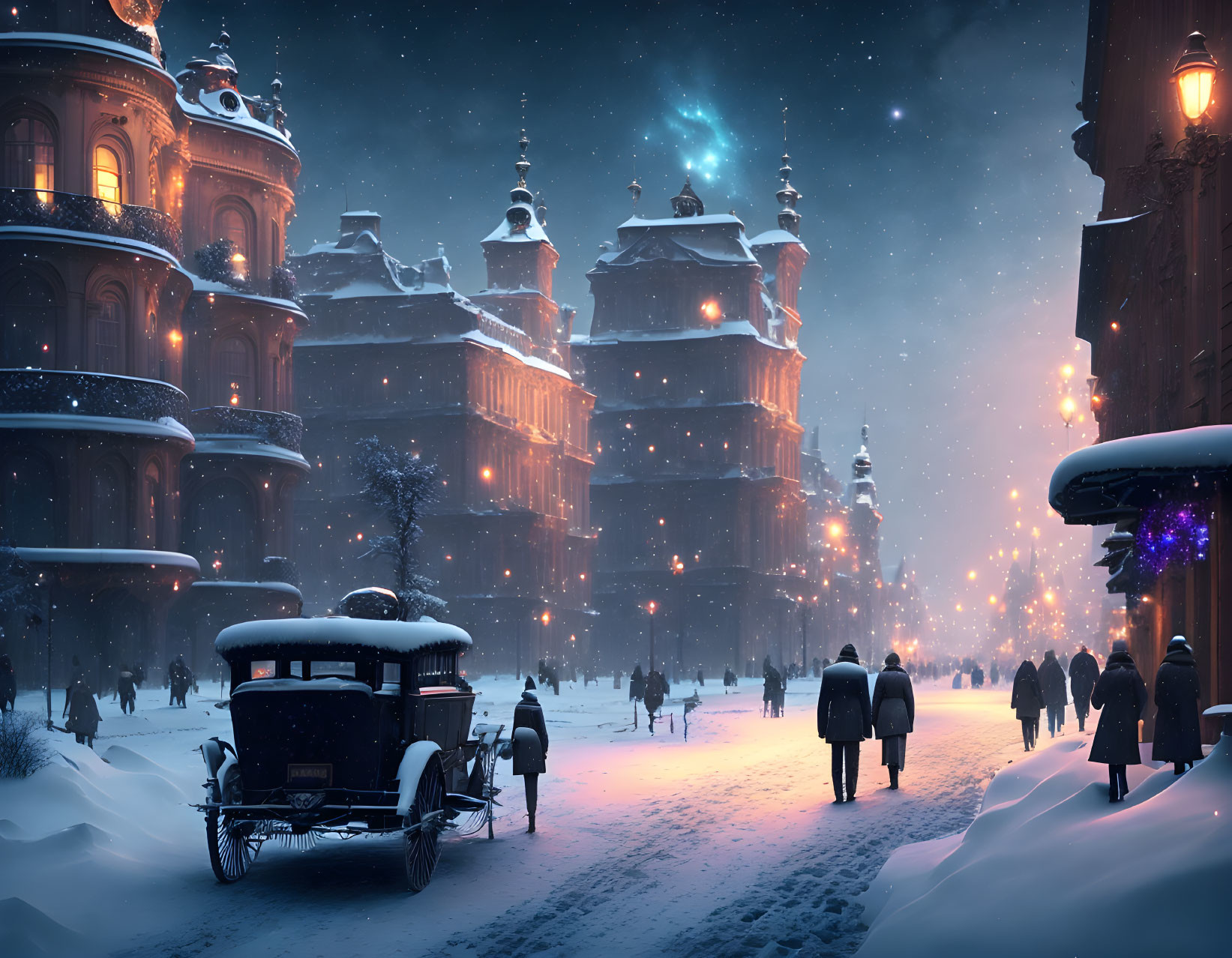 Vintage cars and pedestrians on snow-covered street with warm streetlights and starry sky.