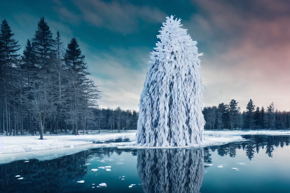 Winter scene: Frost-covered tree by calm lake with forest backdrop