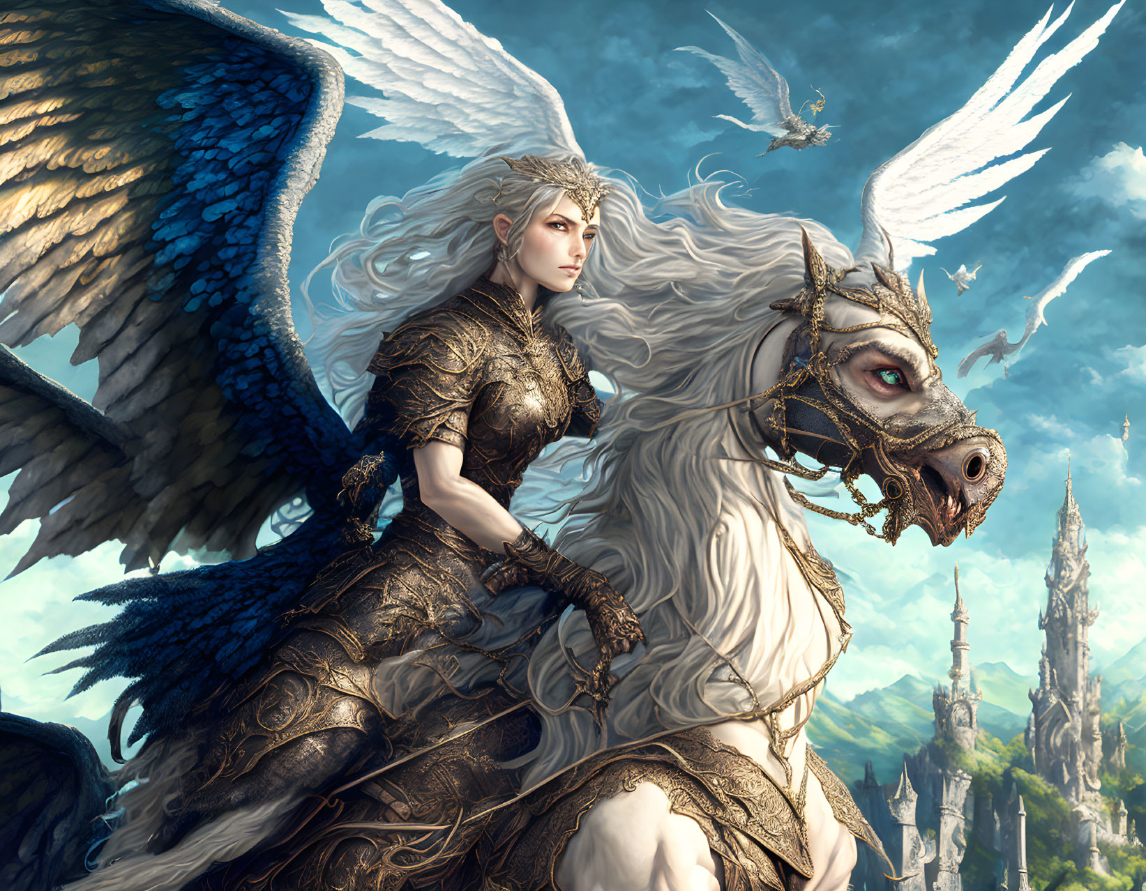 Fantasy scene: Warrior with white wings on armored unicorn, castle, birds