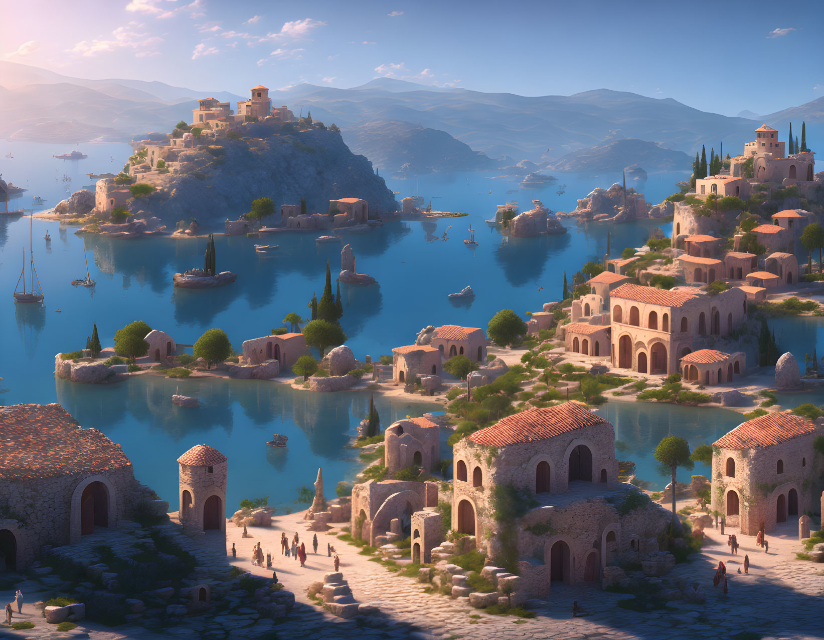 Tranquil coastal village with terracotta roofs, nestled among hills and calm blue waters.