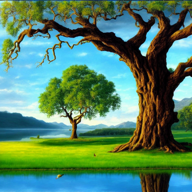 Serene lake landscape with large gnarled tree