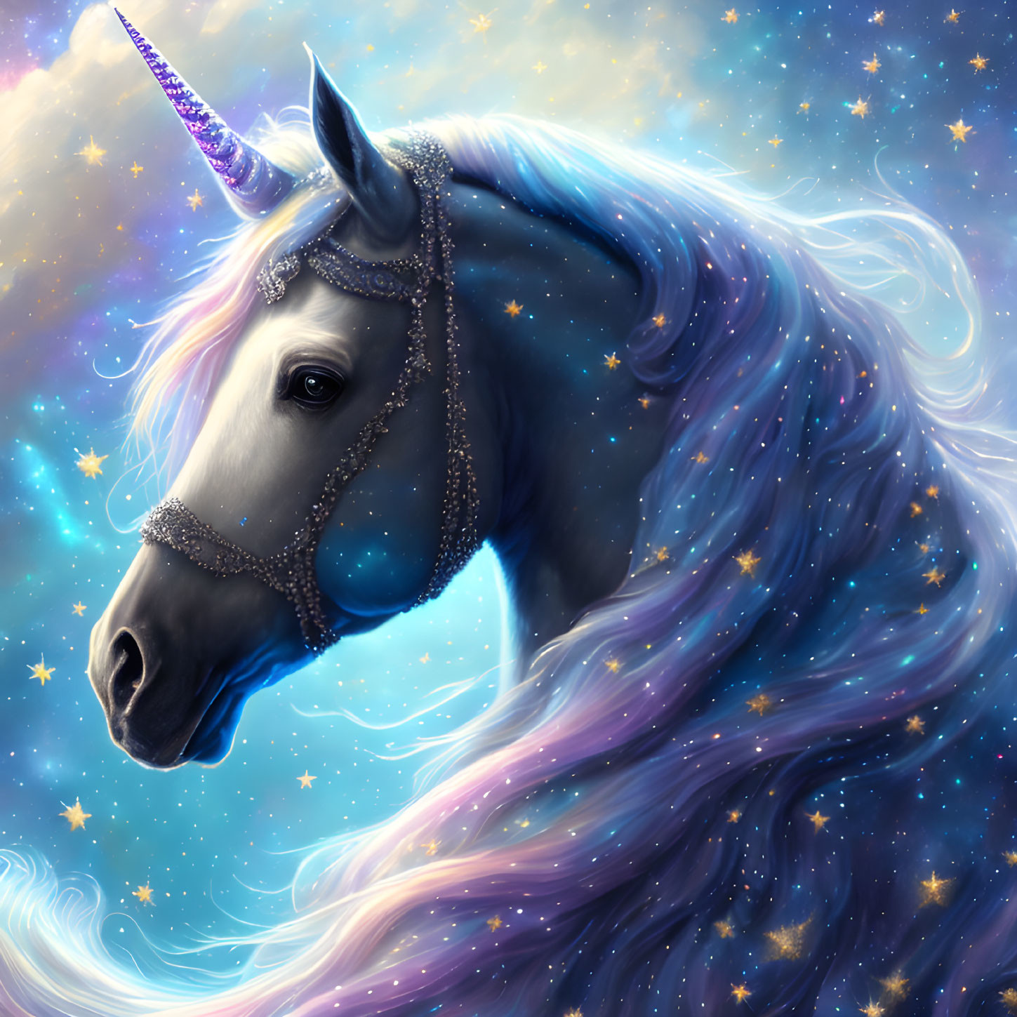 Majestic unicorn with shimmering star-infused mane and sparkling horn