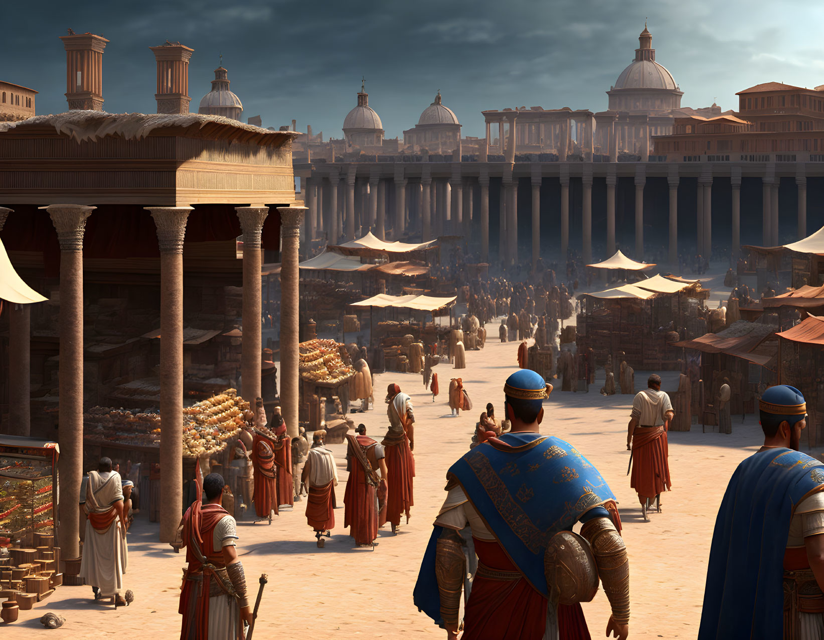 Vibrant ancient marketplace with Roman soldiers, tents, and grand architecture