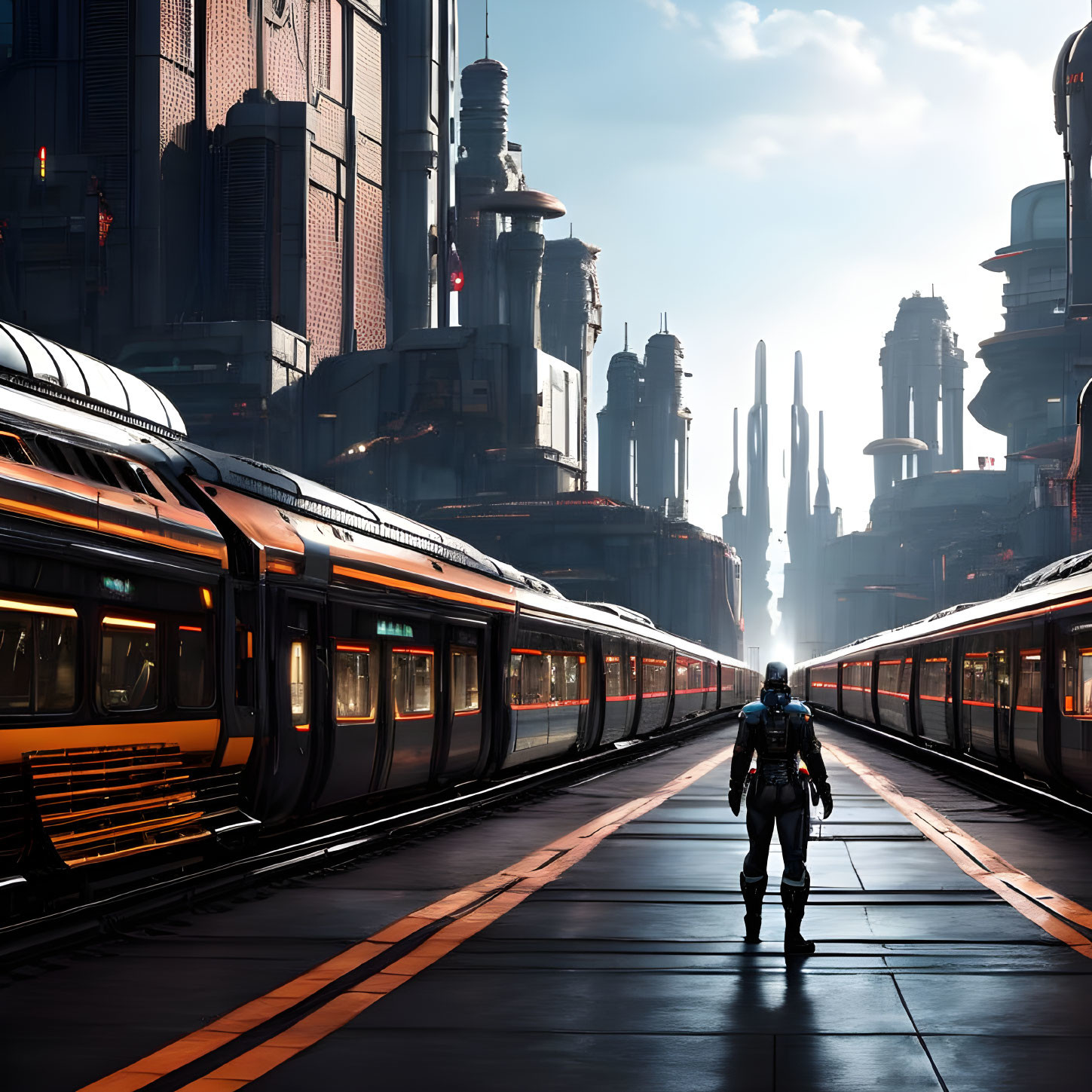 Astronaut between futuristic trains on platform with skyscrapers and red sky