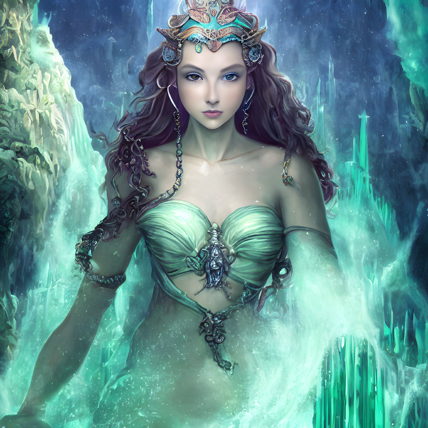 Fantasy illustration: Woman with crown and jewelry underwater with glowing crystals