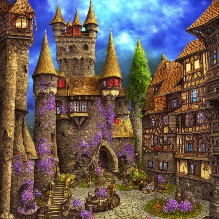 Fantasy artwork: Castle with turrets, medieval houses, cobblestone paths, and purple flowers