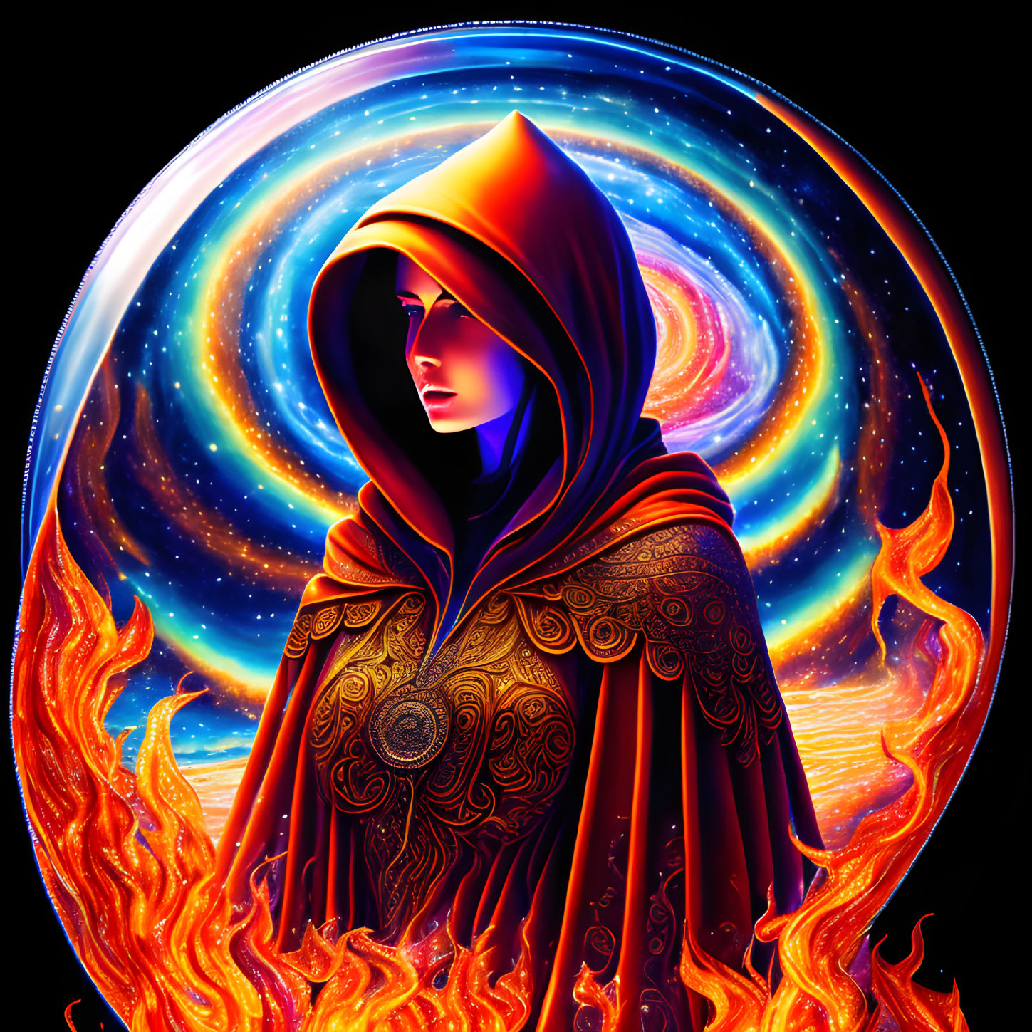 Mystical figure in red hooded cloak on cosmic backdrop