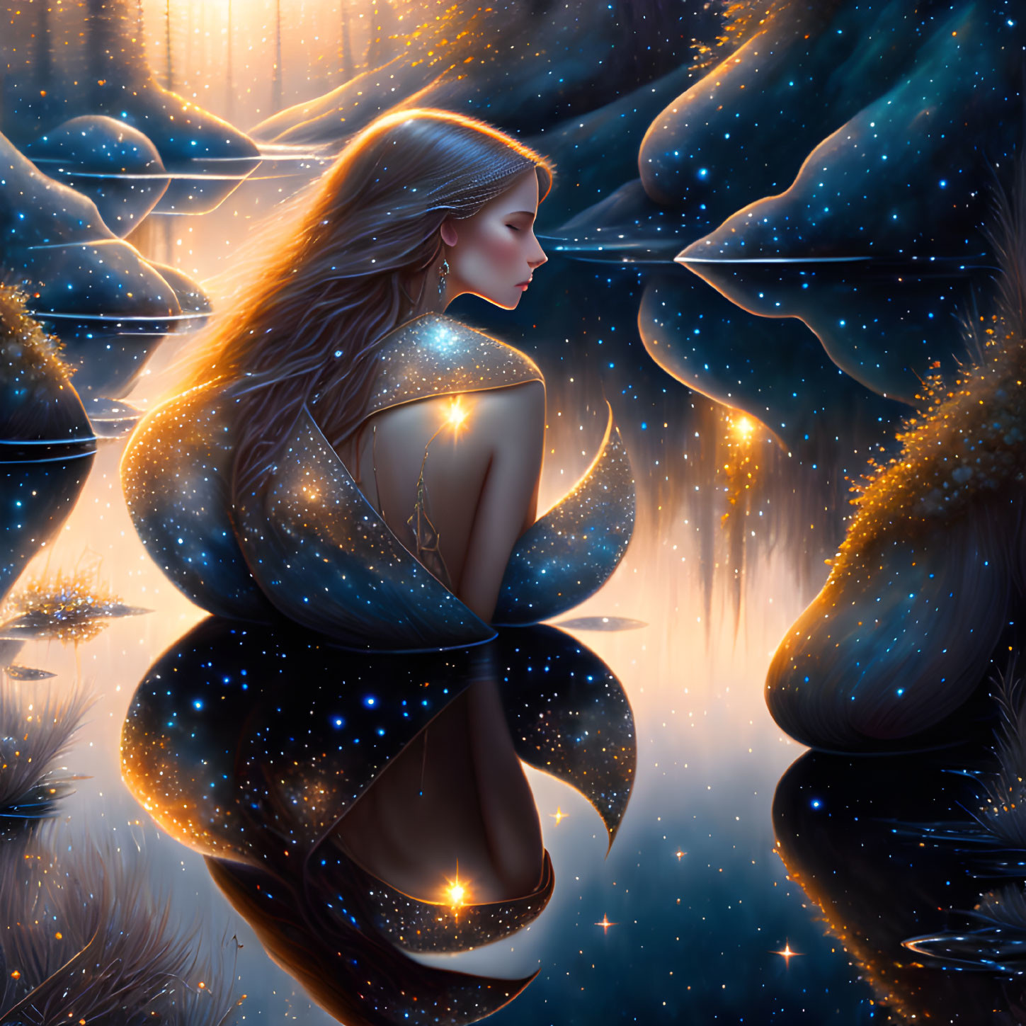 Glittering woman by reflective water under starry sky