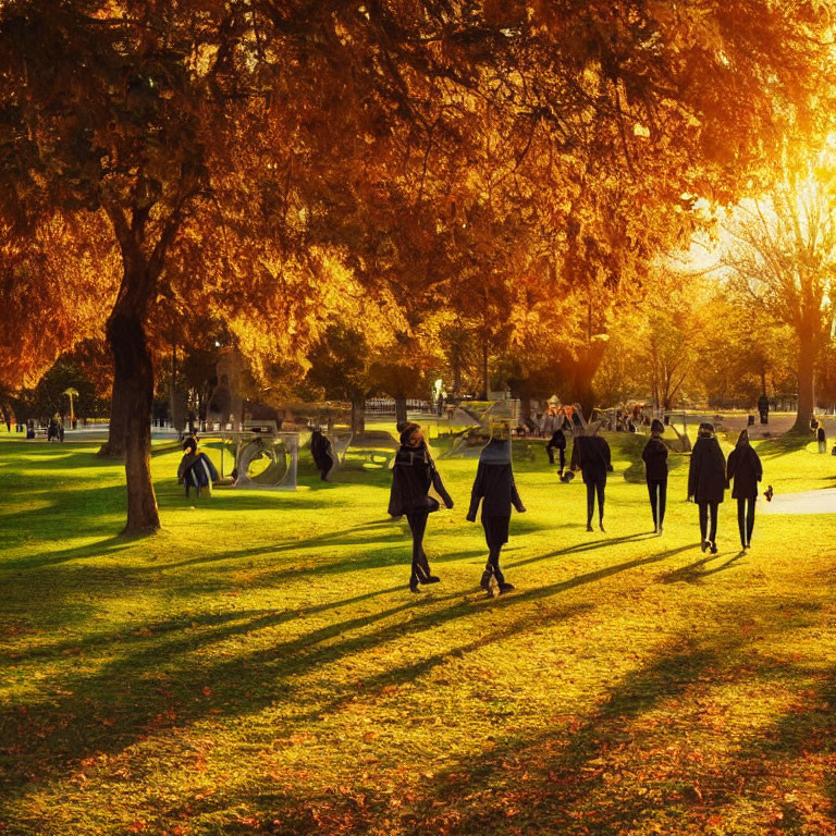 Park scene: People walking among golden autumn leaves at sunset