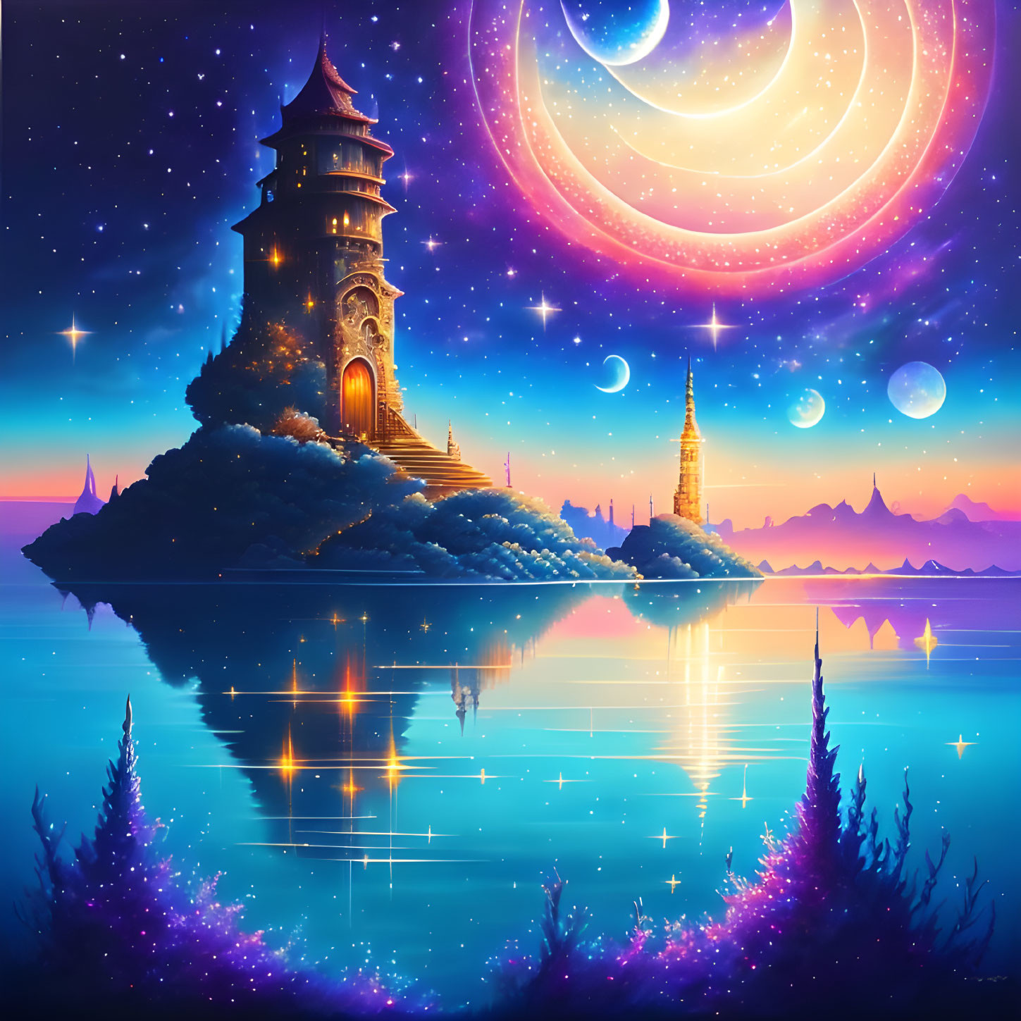 Castle on island under vibrant night sky with moons, stars, and reflection