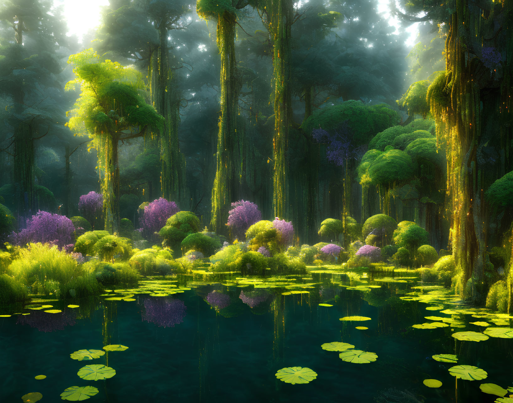 Tranquil forest with towering trees, sunlight, greenery, flowers, and serene pond