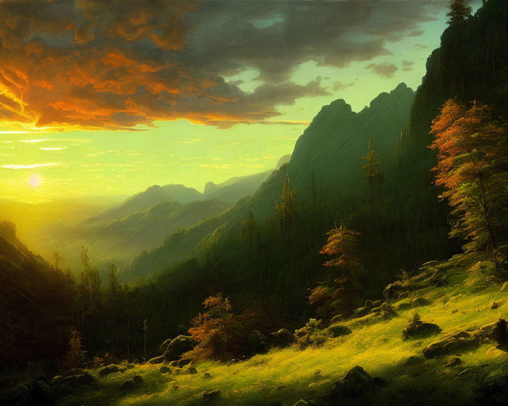 Scenic sunrise over mountain landscape with illuminated foliage