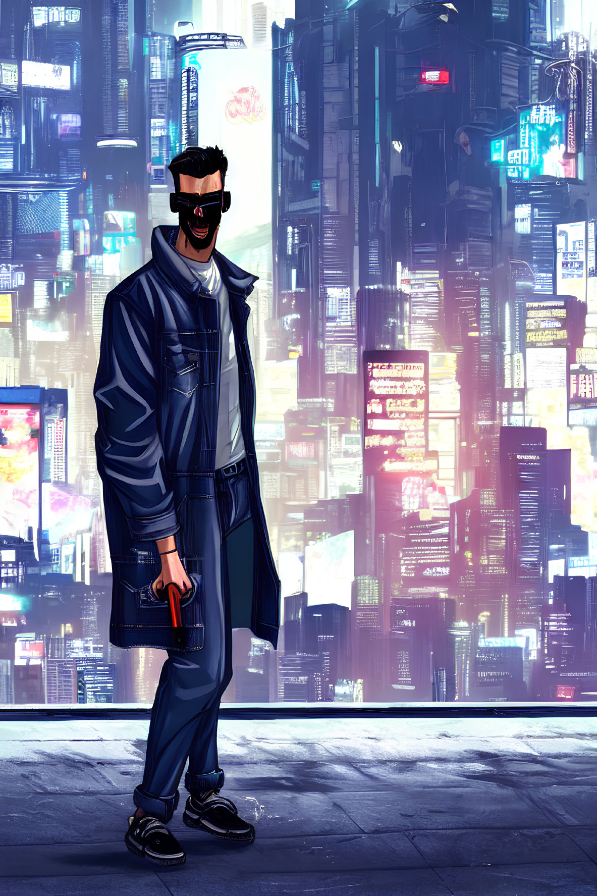 Stylized man in futuristic attire in neon-lit urban nightscape