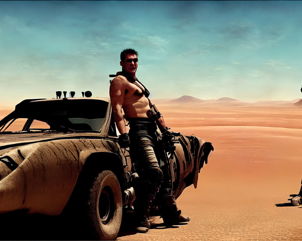 Muscular man with prosthetic arm in desert with rugged vehicle and armed companion