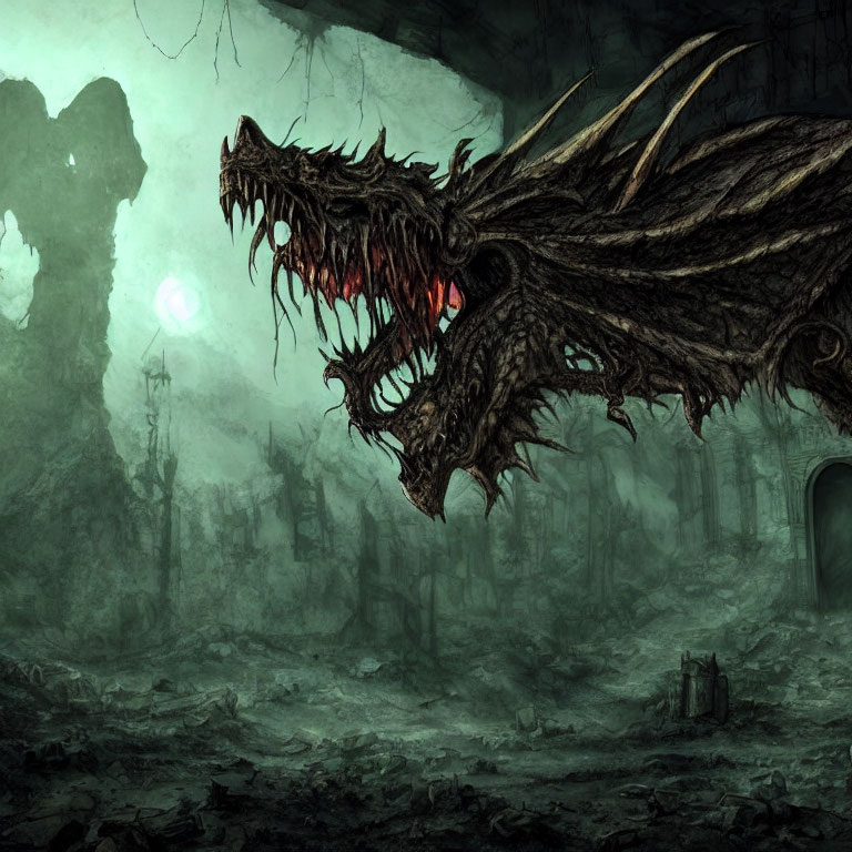 Menacing dragon with glowing red eyes in dark, dystopian landscape