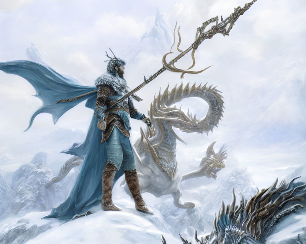 Armored figure with trident confronts dragon in icy landscape