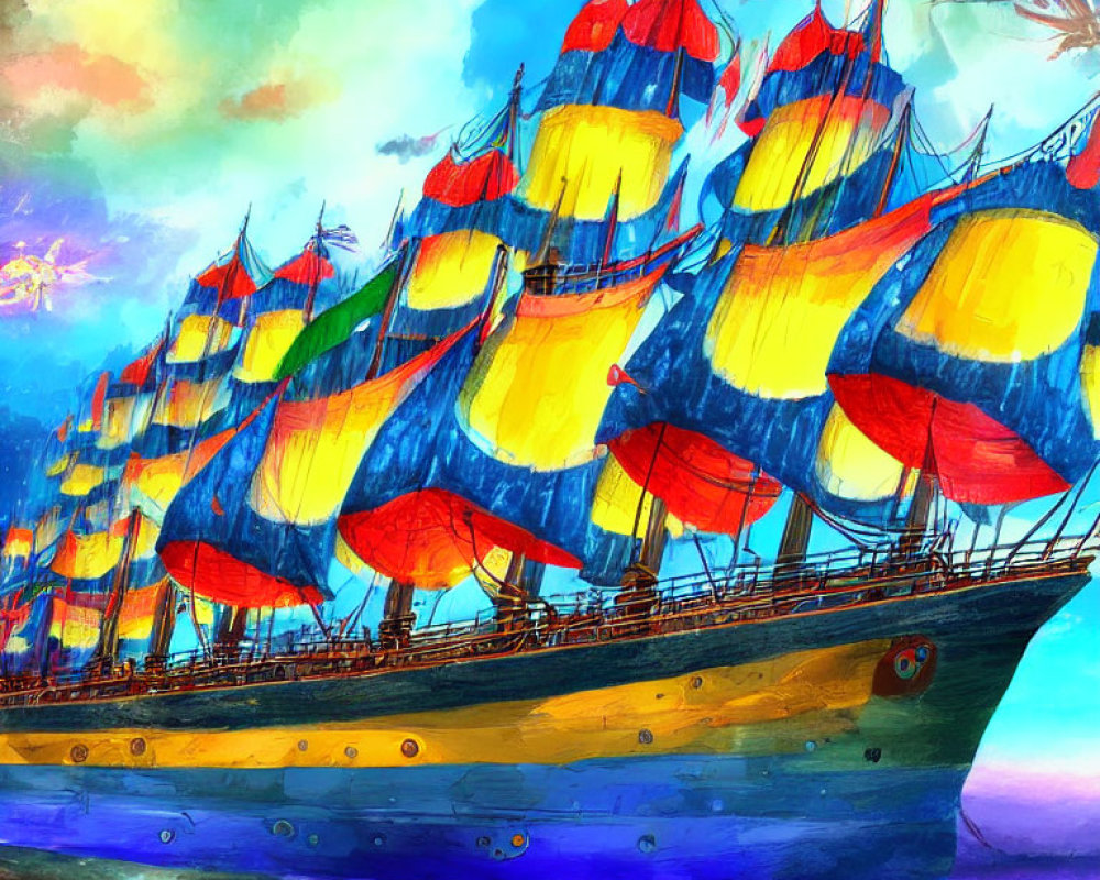 Colorful tall ship painting with multicolored sails and vibrant sky.