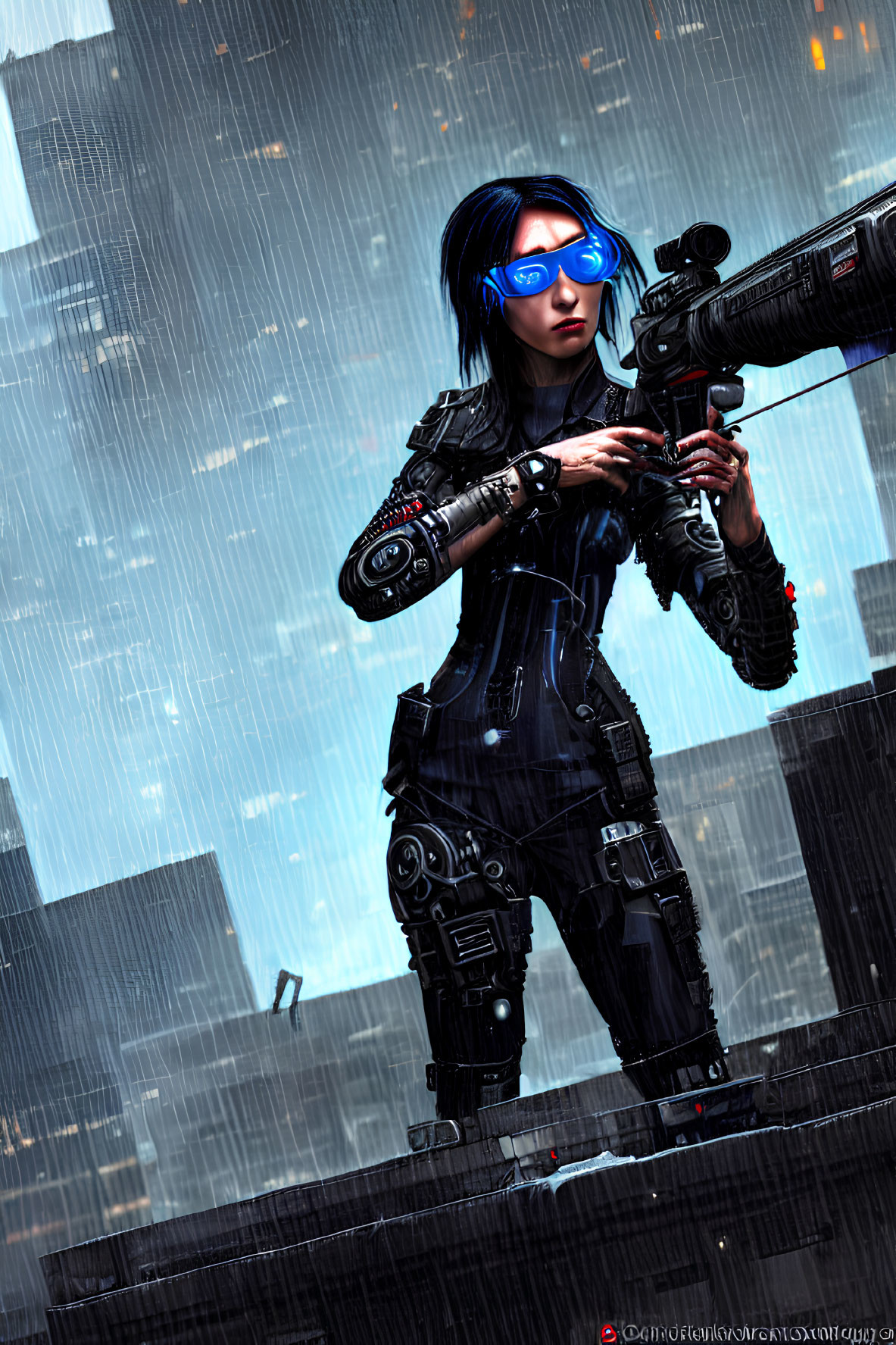 Futuristic female character with blue hair, cybernetic enhancements, holding rifle in rain