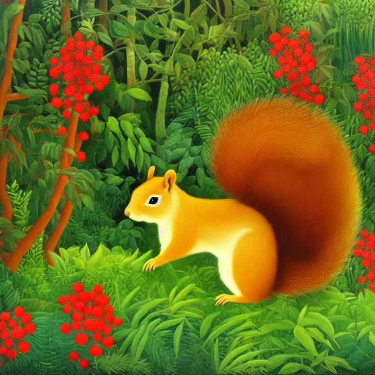 Colorful artwork of orange squirrel in lush green forest with red berries