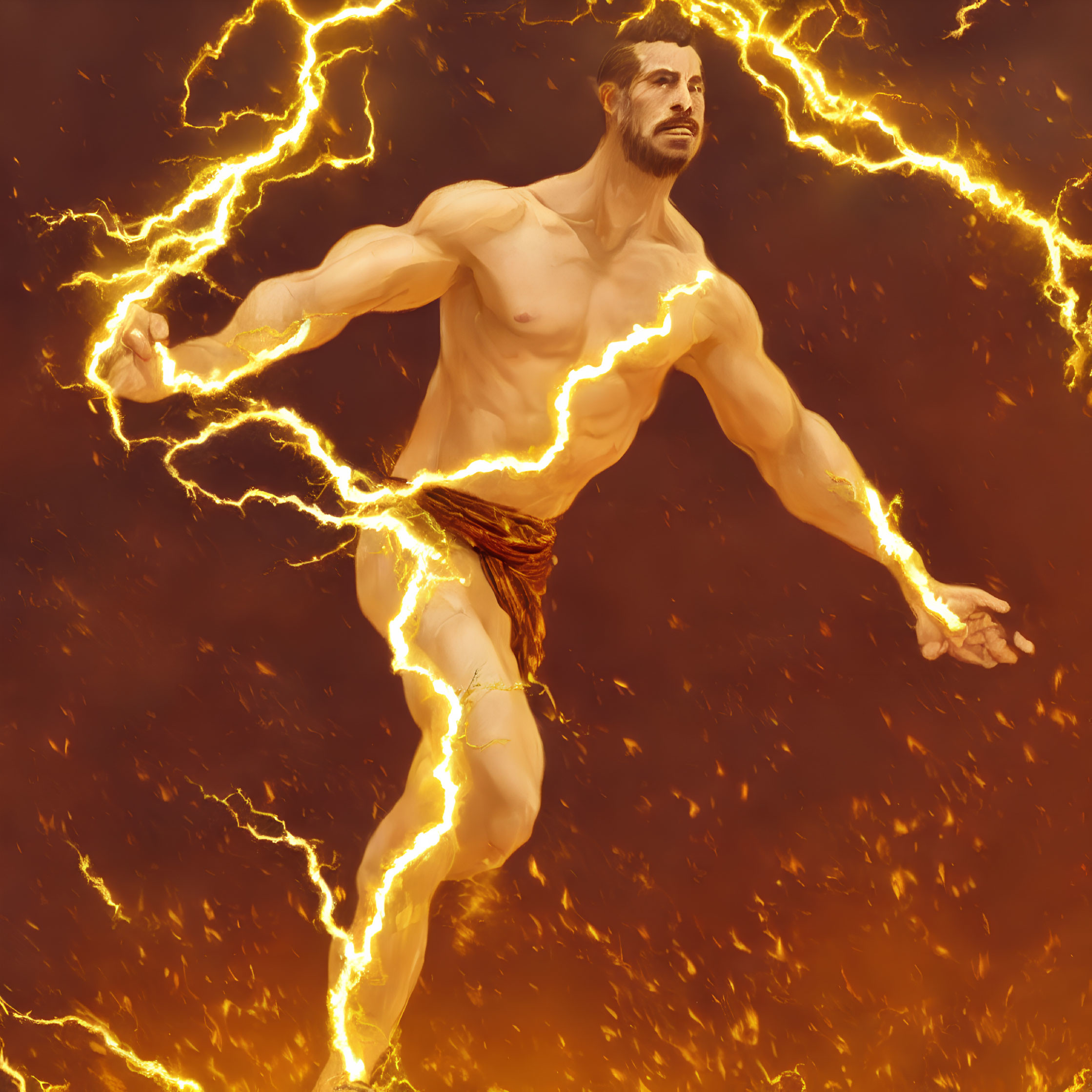 Muscular man in loincloth with energy lightnings on fiery orange backdrop