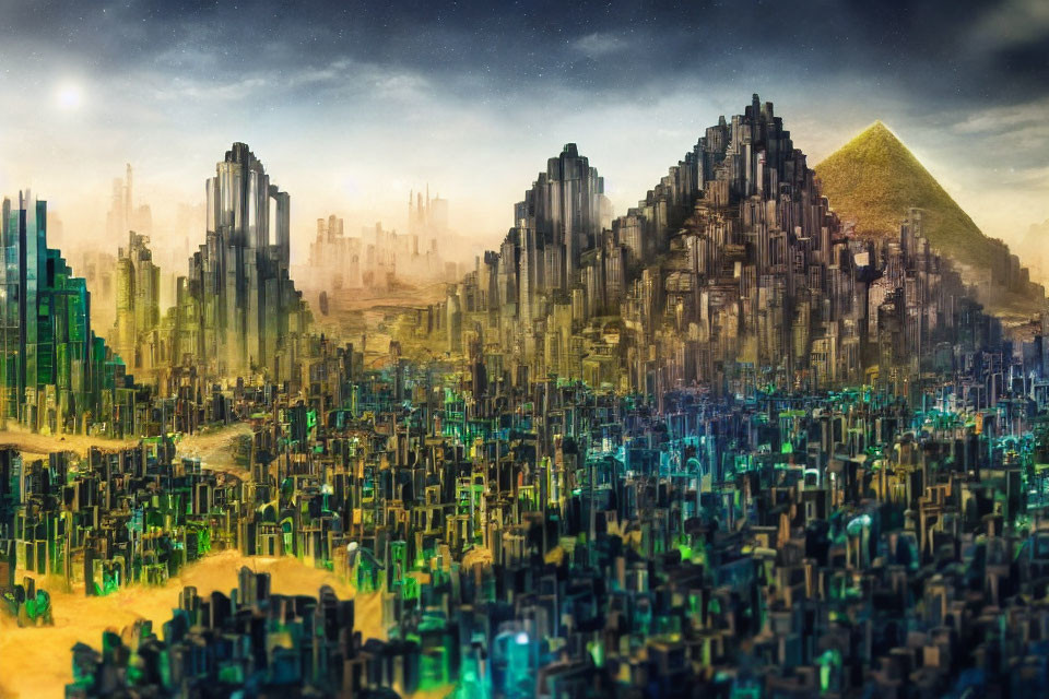 Futuristic cityscape with crystalline skyscrapers and ancient pyramids